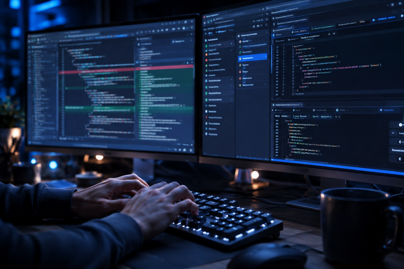 Version control diffs and API testing suites running side by side on a developer's rig.
